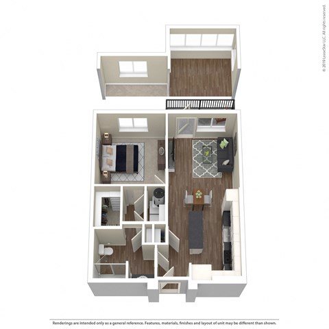 A 3D floor plan of a house with a kitchen, living room, and two bedrooms.